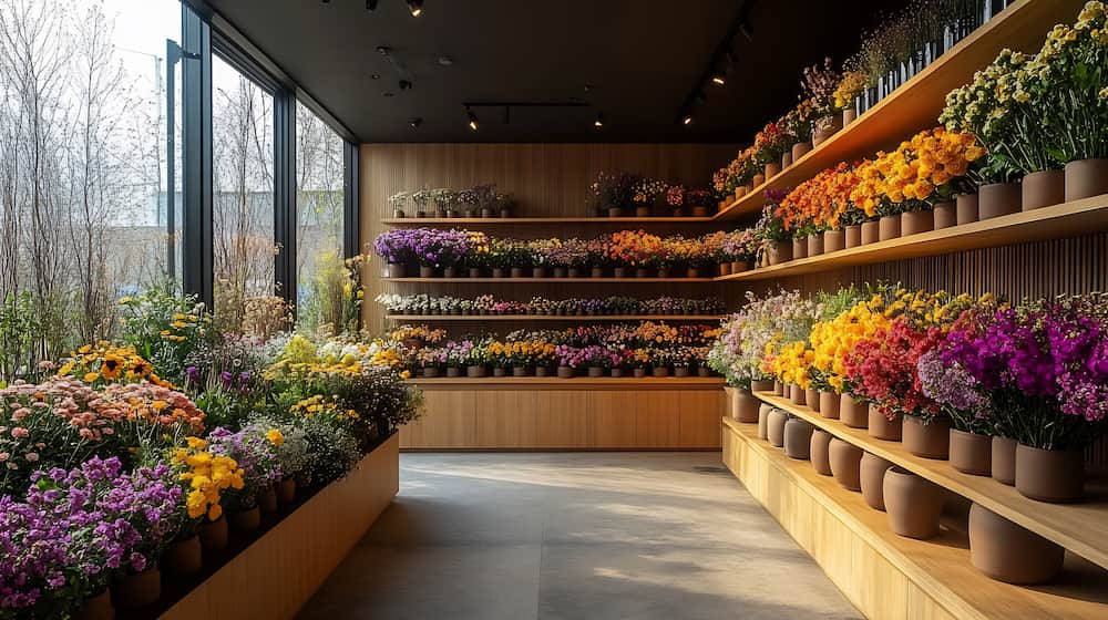 نحوه چیدمان گل‌ها در دکور مغازه گل فروشی