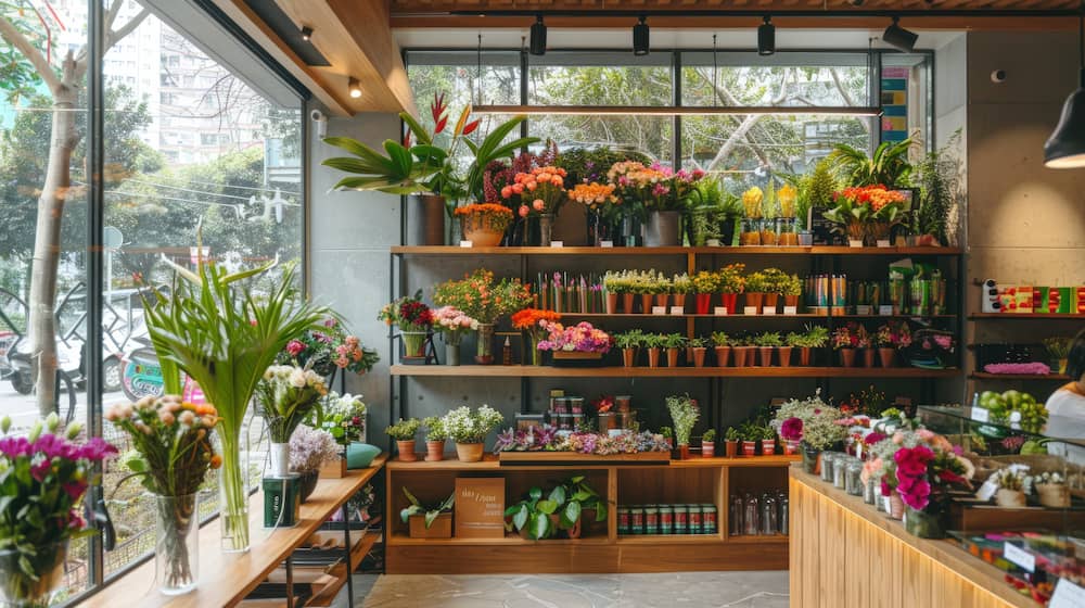 نحوه چیدمان گل‌ها در دکور مغازه گل فروشی