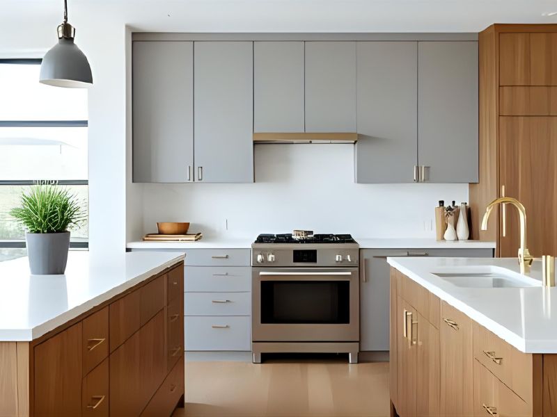 کابینت‌های طوسی-قهوه‌ای؛ طراحی مدرن و کاربردی